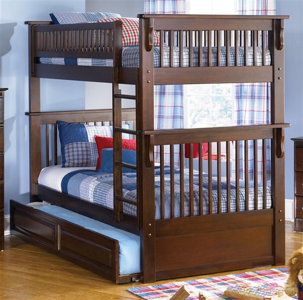 Colorado Bunk Bed Twin/Twin w Raised Panel Trundle Bed, Walnut
